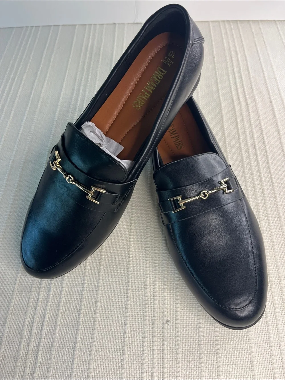 Dream Pairs: women's Black Leather Slip-On Loafers with Gold Bit, never worn NWT